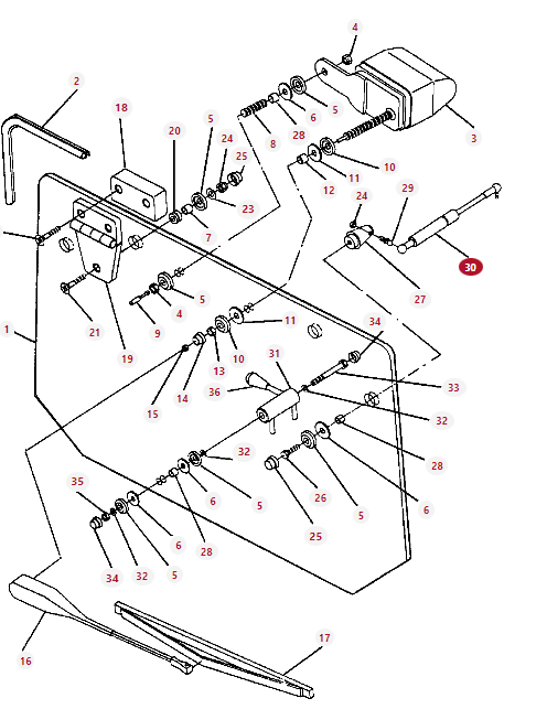 Exploded diagram of a Massey Ferguson Cab Window Damper (Product Code: 3311782M91) by AGCO, illustrating various parts such as bolts, screws, plates, rods, and other components. Each part is numbered for identification.