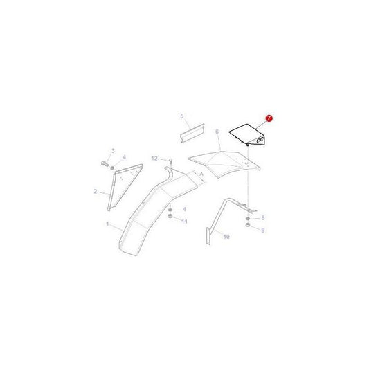 Diagram showing disassembled parts of a mechanical component from the Massey Ferguson - Case Assembly R/H - 3712967M1 by AGCO, numbered 1 through 12, with the part numbered 7 highlighted in red.