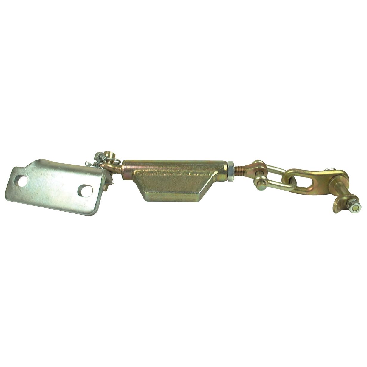 The Stabiliser Chain - Bracket – Thread Ø16mm - Min. Length: 387mm – 3/4 UNC by Sparex, designated as Part No.S.4248, is a metal mechanical component featuring several linked parts such as a hinge, connecting rod, and mounting plate. It is compatible with various thread sizes for versatile applications in Massey Ferguson machinery.