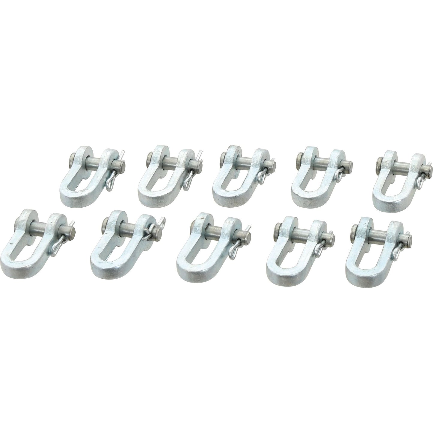 Ten identical Sparex D Shackle connectors (Pin Ø8mm, Jaw Width: 18mm - S.41049), each with an internal length of 35mm, are evenly arranged in two rows of five. Each 8.5mm shackle features a U-shaped design with a threaded bolt and nut securing the opening.