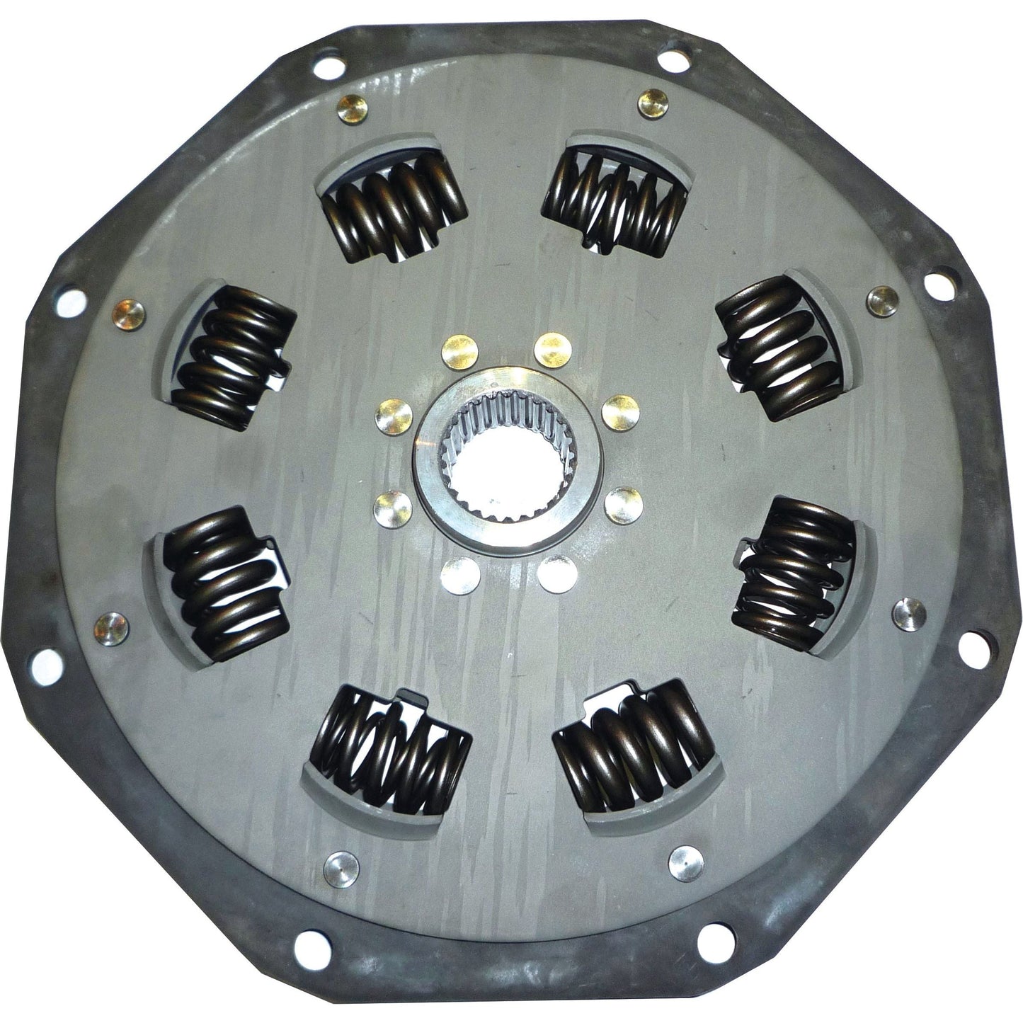 A Sparex Clutch Damper - S.73166 featuring a metallic plate with a central hub, damper springs, and a precise spline, all arranged in a circular pattern.