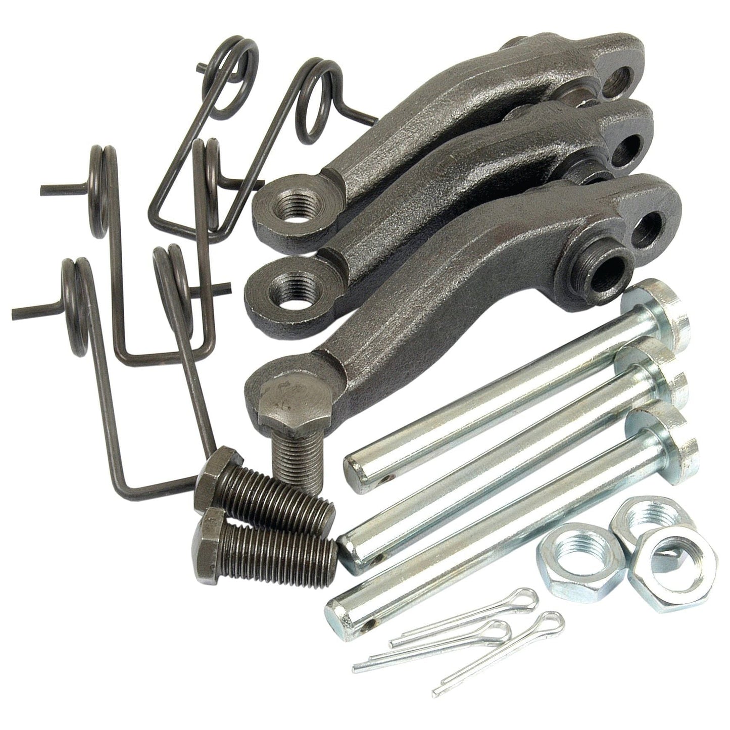 Assorted metal automotive components, including brackets, bolts, springs, and cotter pins, are arranged on a white background alongside a Sparex Clutch Finger (Part No. S.40687) for Massey Ferguson tractors.