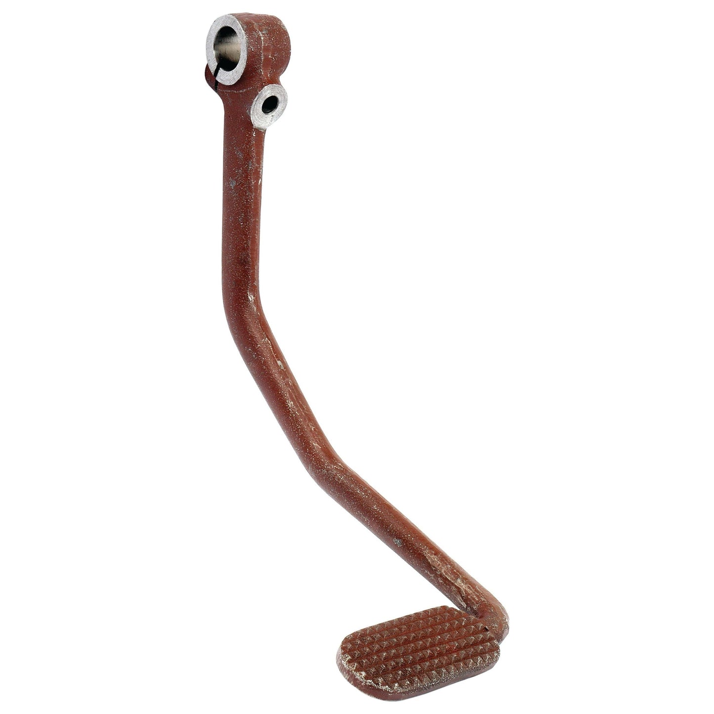 A red metal Clutch Pedal Rod from Sparex (Part No. S.42584), featuring one end with a pivot hole and the other shaped as a textured pedal, reminiscent of the sturdy designs seen in Landini tractors.