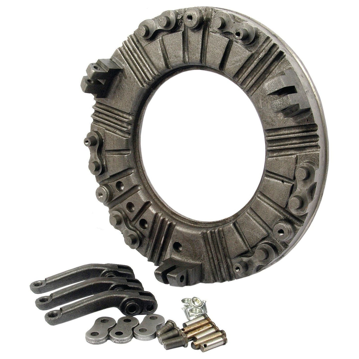 Introducing the Sparex Clutch Cover and Finger Kit (Part No. S.41598), a comprehensive metal tractor clutch housing assembly complete with levers, discs, springs, bolts, and a Finger Kit. Ideally suited for Massey Ferguson models. Displayed against a pristine white background.