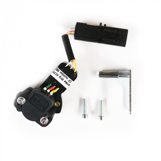 Image of an AGCO Massey Ferguson clutch sensor (product code: ACP0428530) for tractor models in the 5400 series, including a wired connector, two screws, and a metal rod.