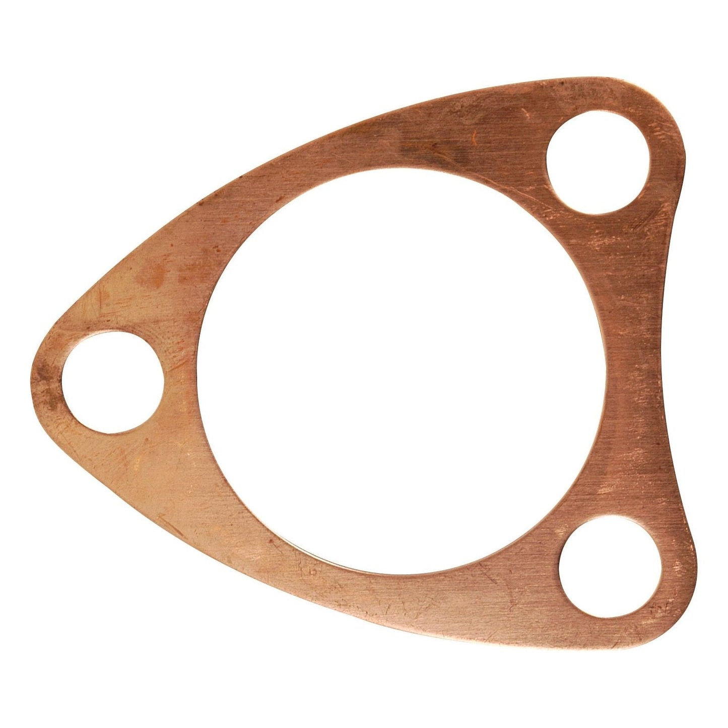 The Sparex Combustion Chamber Cap Gasket (Part No. S.42230) for Massey Ferguson or Perkins Engine is a triangular copper gasket featuring a large central hole and three smaller circular holes near each corner.
