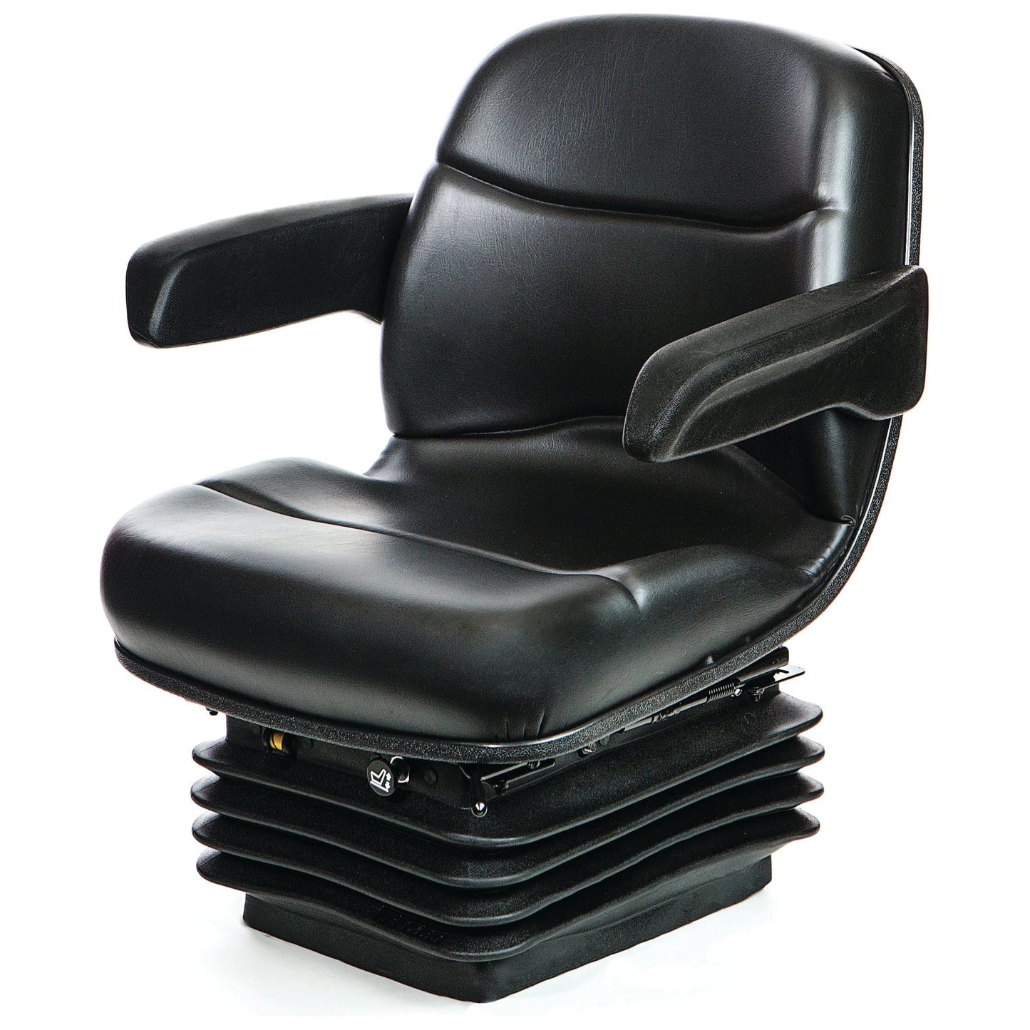 Image of the Compact Air Suspension Seat - 12V (PVC) - S.156645 by Sparex featuring a black ergonomic design with padded seat and backrest, armrests, and a sturdy, accordion-style base with Double depth Fabriform® comfort cushions for ultimate support.