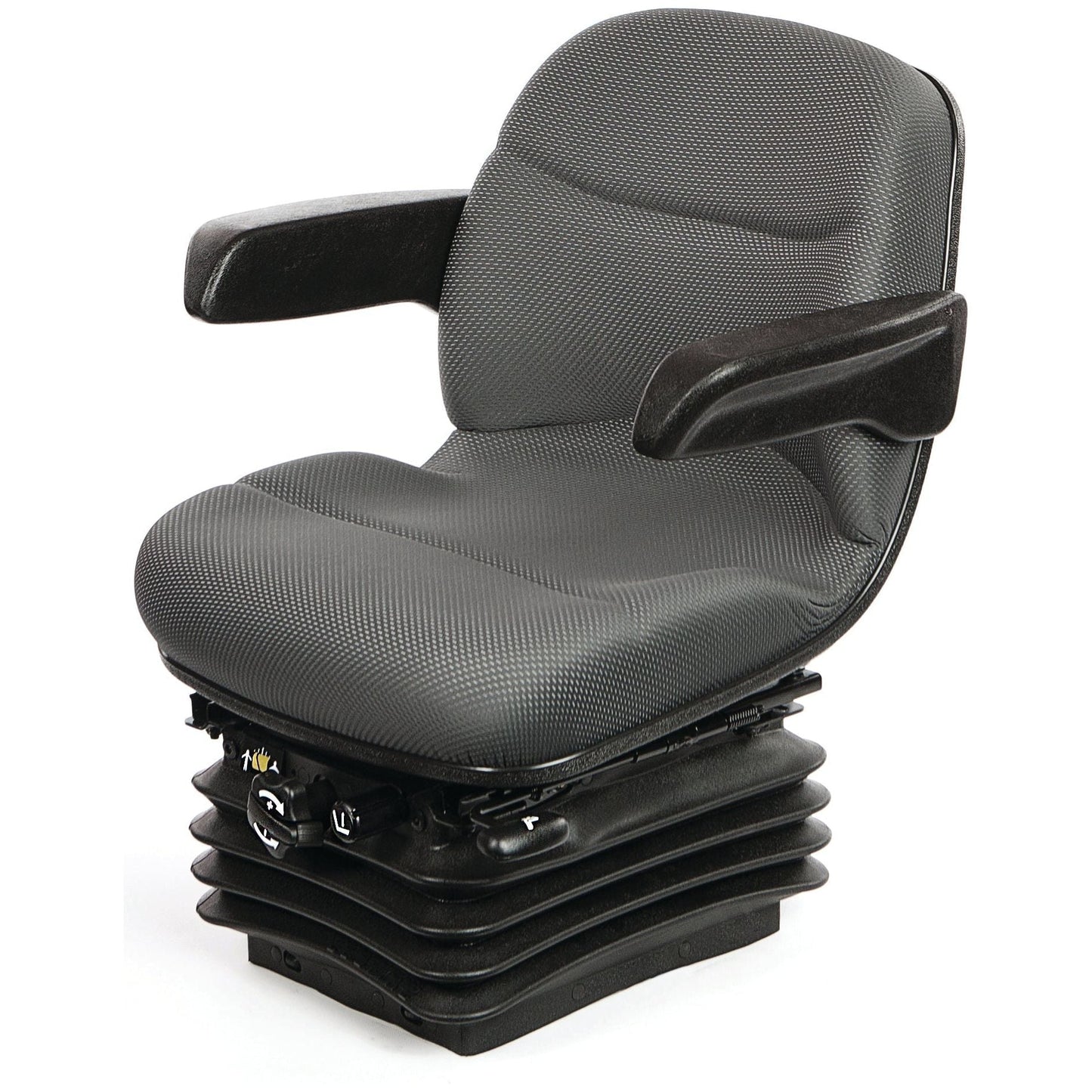 A Sparex Compact Mechanical Suspension Seat (S.156644) in black, featuring cushioned armrests, a suspension base, and double depth comfort cushions.
