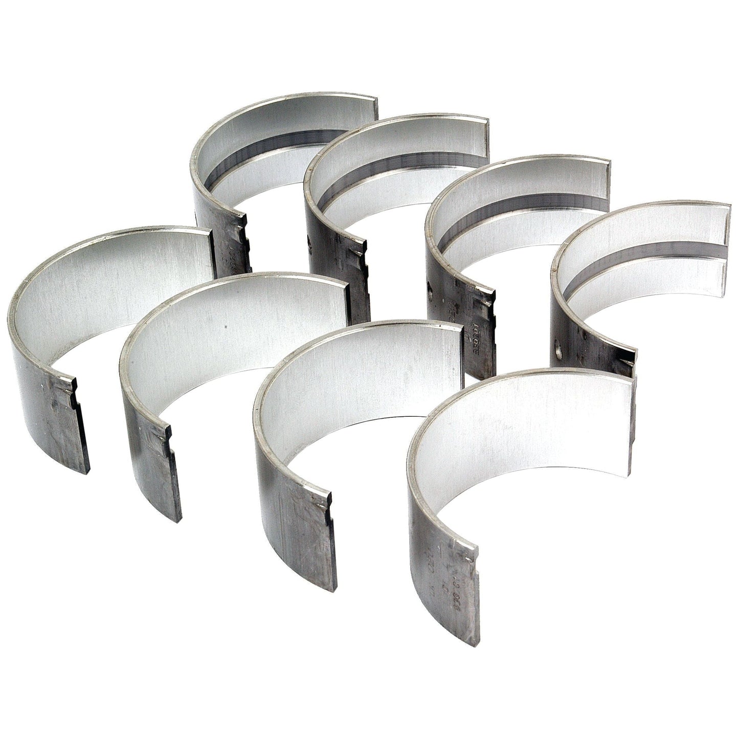 Image of eight semi-circular metal Conrod Bearing +0.020'' (0.50mm) shells, Sparex Part No.S.43170, arranged in a staggered pattern against a white background, suitable for a Massey Ferguson 23C 4 Cyl Diesel Engine and available from Sparex.