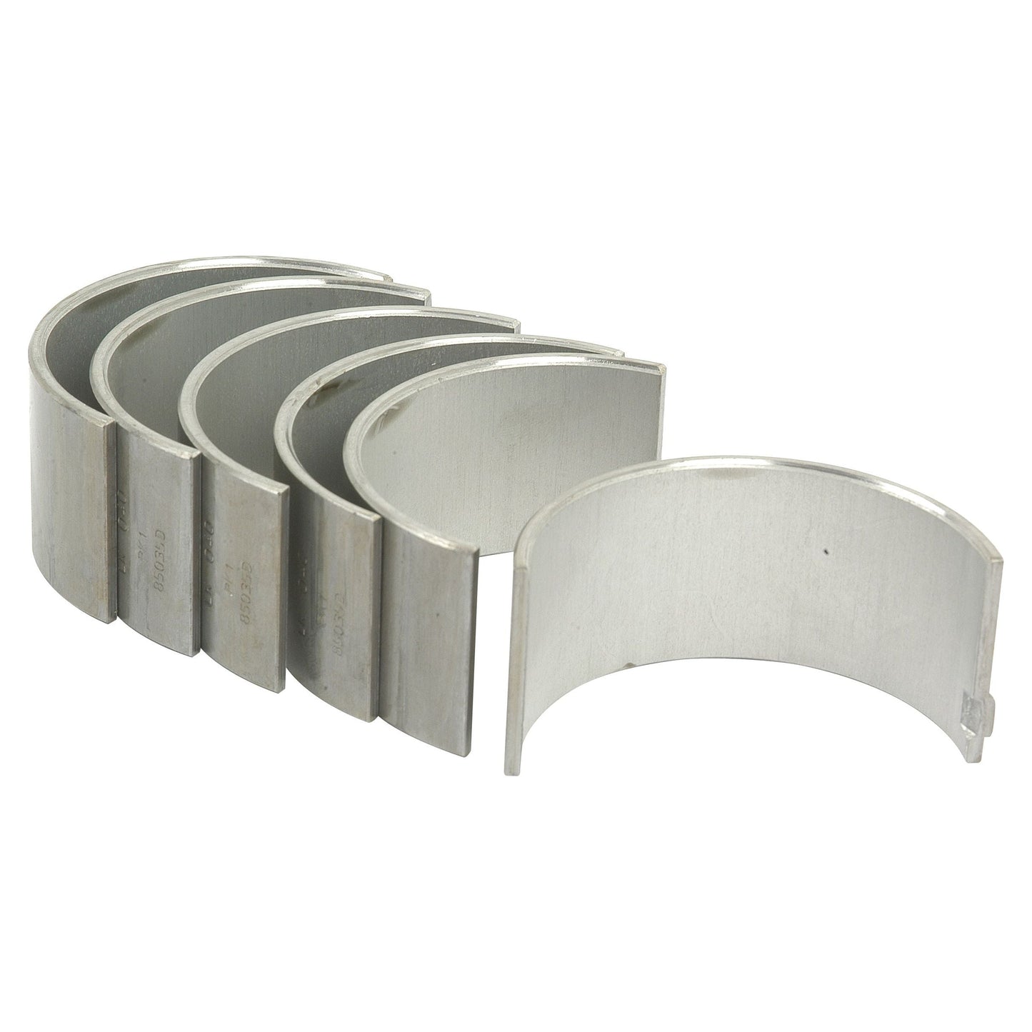 Five silver-colored semicircular pieces of metal, arranged in a staggered row, each piece identical in shape and size—reminiscent of the precision engineering found in the Sparex Conrod Bearing +0.040'' (1mm) Set | Sparex Part No.S.42079.