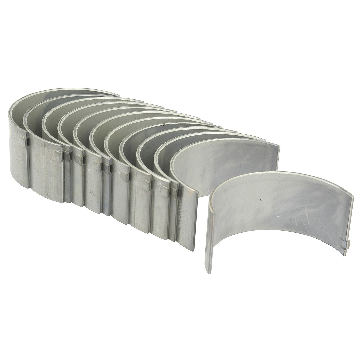 A stack of Conrod Bearing Std. Sets (Sparex Part No. S.40327), arranged in a slightly curved, nested formation, each piece featuring a smooth surface and uniform width, ideal for inclusion in a Perkins Build List or other related product catalogs from Sparex.