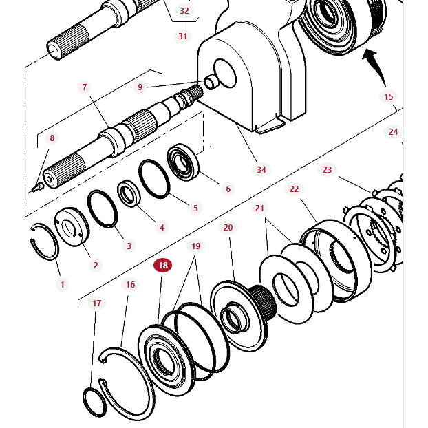 Exploded view diagram of a mechanical assembly for MF 2WD and MF 4WD Massey Ferguson Models, highlighting various numbered components such as gears, rings, and bolts, arranged in sequence to illustrate their positions and connections. Featuring the AGCO branded product: Massey Ferguson - Cover - 3384427M1.