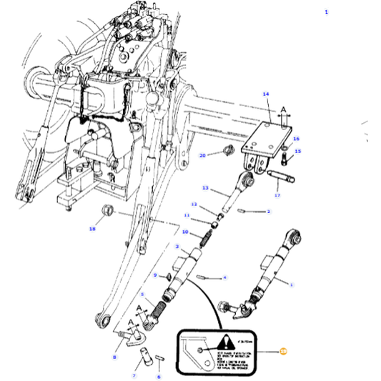 An intricate black and white schematic diagram of a mechanical assembly features various numbered components, such as levers, bolts, and joints, akin to those found in Massey Ferguson tractor models. The diagram includes a highlighted warning notice and is associated with the AGCO branded product "Massey Ferguson - Decal - 3617574M3".