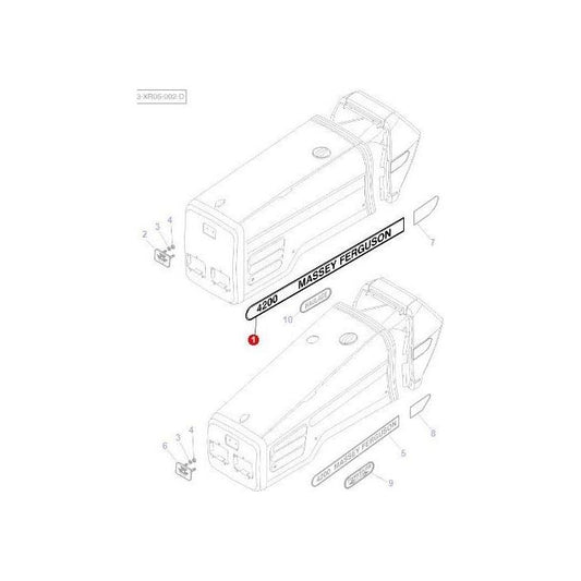Line diagram of a Massey Ferguson 4200 Series tractor hood panel featuring a labeled decal (Product Name: "Massey Ferguson - Decal Right Hand" with part number 3807921M1, Brand: AGCO), including the model number "4220" and positioning of various components.