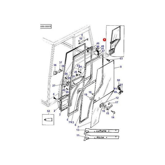Exploded view diagram of the Massey Ferguson - Door Complete L/H (part number: 3900687M92), displaying various components such as window panels, hinges, and fasteners, all with numbered labels for each part. Inspired by the precision engineering standards of AGCO's Massey Ferguson 300 Series tractor elements.