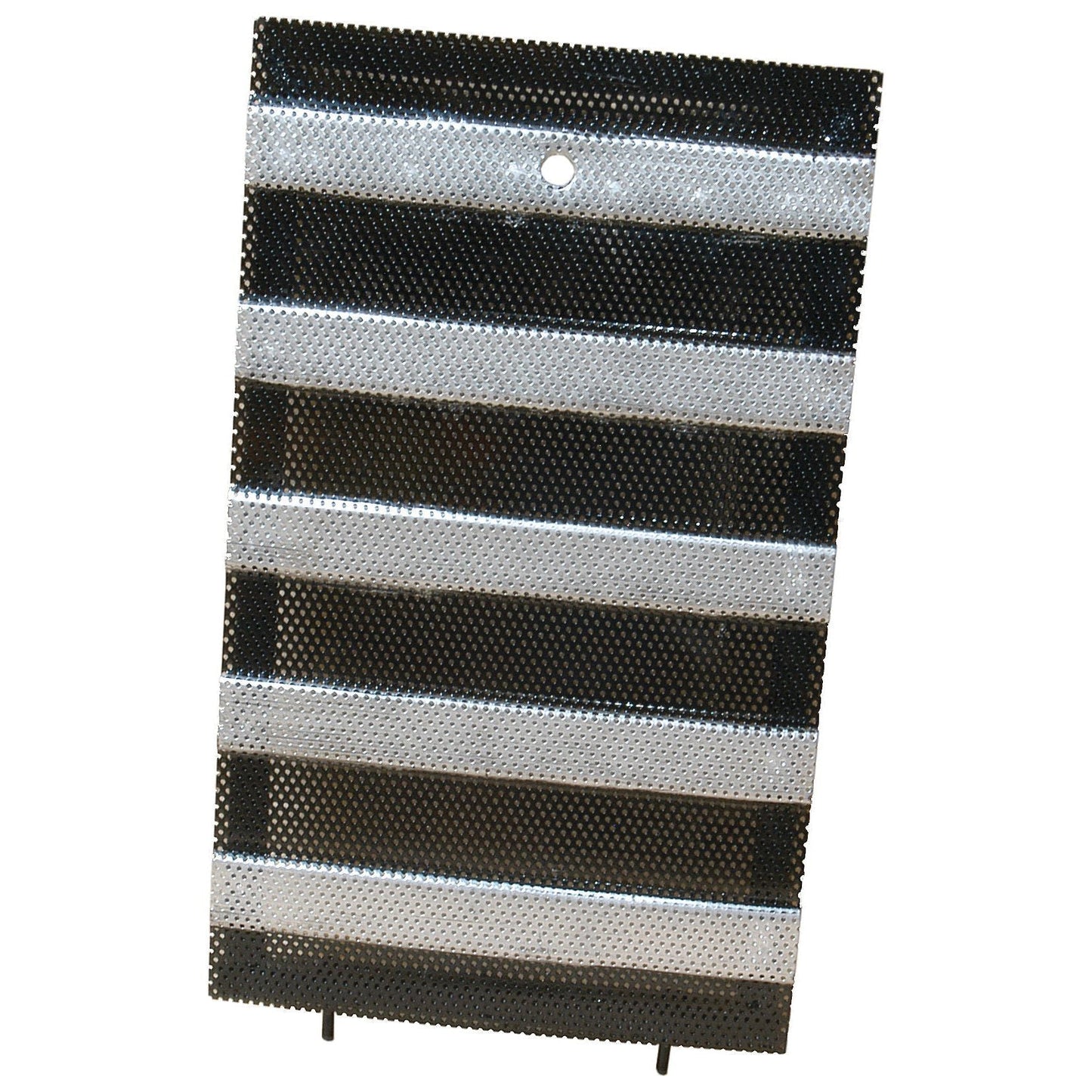 The Sparex Door Grille (Part No. S.41212) showcases a perforated metal sheet with alternating black and silver horizontal stripes, featuring a hole near the top center, reminiscent of a classic Massey Ferguson door grille, displayed against a white background.