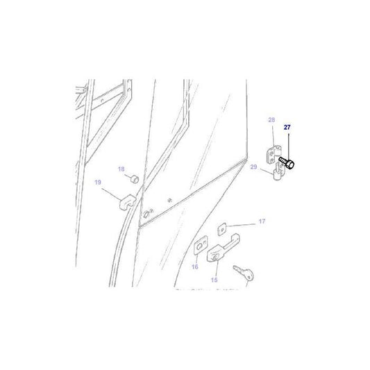 Diagram illustrating the components of a door latch mechanism, with the Massey Ferguson - Door Hinge Bolt Csk M8x20mm (item 27, part number 3477155M1) highlighted for emphasis. This model, from the AGCO brand's 300 Series, exemplifies the standard used in Massey Ferguson equipment.