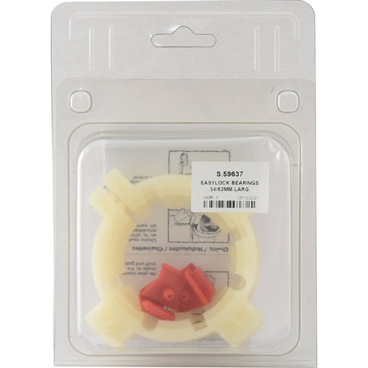 Packaging of Sparex EASYLOCK BEARINGS 54/62MM LARG (Sparex Part No. S.59637), featuring an Italian Shaft. The bearings are visible inside the transparent plastic case with red components at the center.