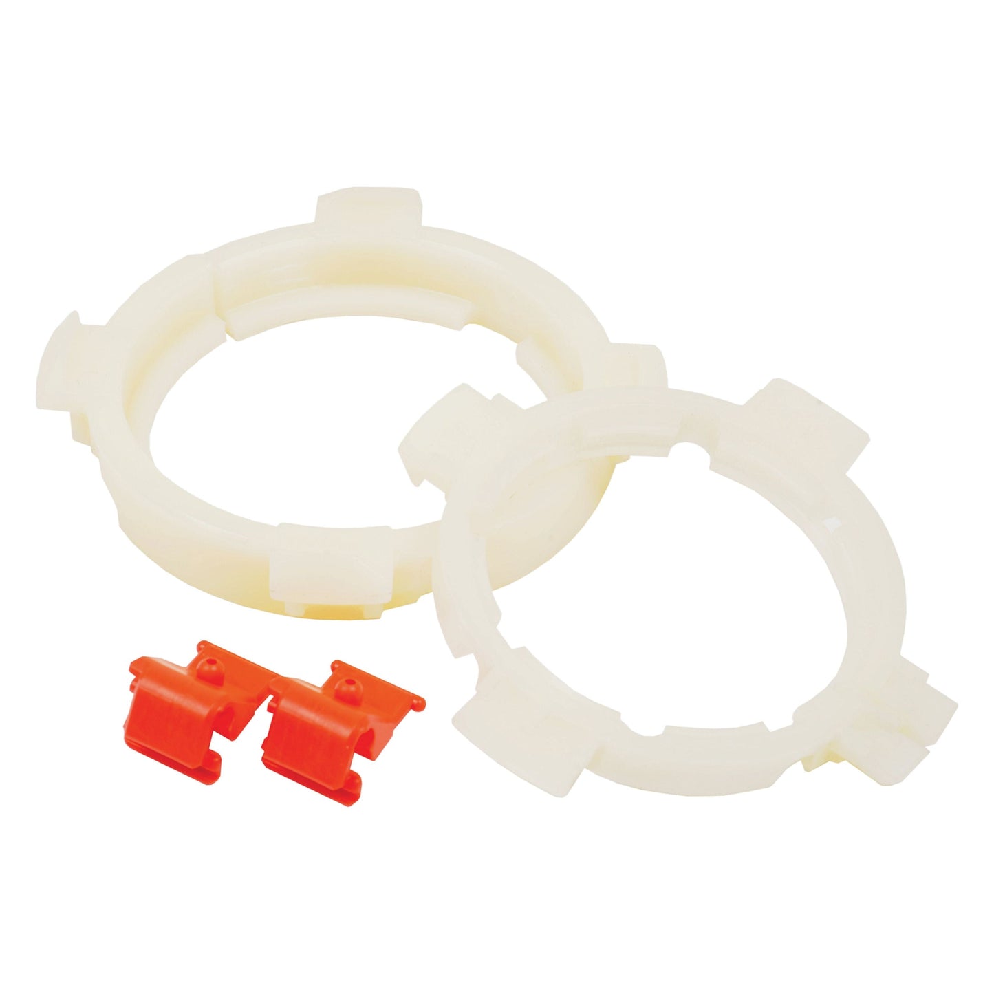 A set of Sparex EASYLOCK B/RINGS WEASLER A8W/A (Sparex Part No.S.26362) consisting of two white circular plastic rings with notches, showcasing the innovative PTO EasyLock Bearing Rings design, and two small orange plastic clips, isolated on a white background.