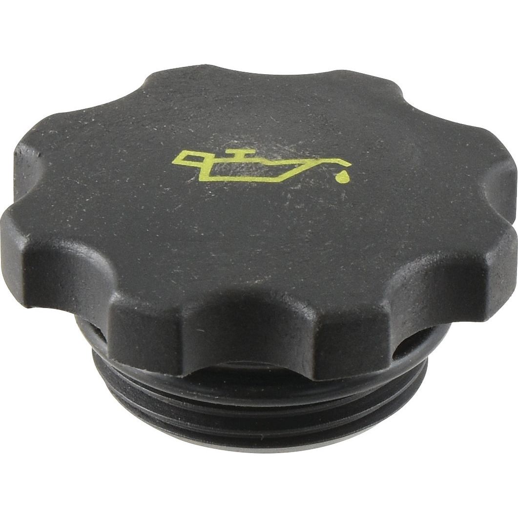 The Sparex Engine Oil Cap (Part No. S.22420) is a high-quality replacement featuring a black cap with a yellow oil can icon on top, compatible with Massey Ferguson tractors.