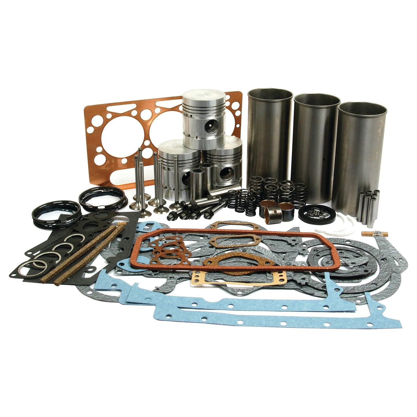 A collection of engine components including pistons, gaskets, seals, springs, and other related parts for the A3.152 Engine Model from the Sparex Engine Overhaul Kit with Valve Train (Finished) - S.40370 is arranged on a white background.