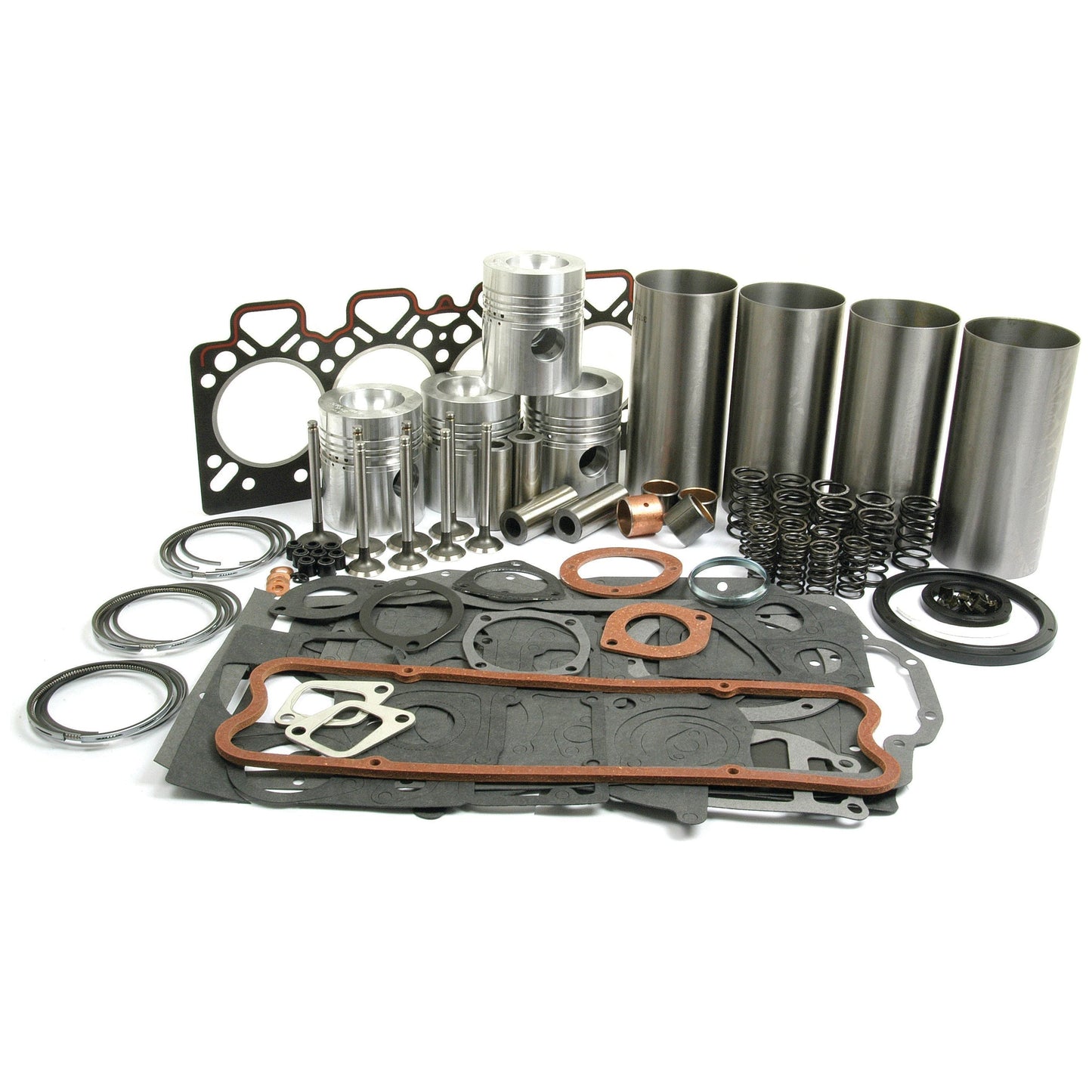 A collection of Perkins Engine parts, including pistons, gaskets, valve springs, cylinder liners, and various seals and rings from the Sparex Engine Overhaul Kit - S.40398, arranged on a white background.