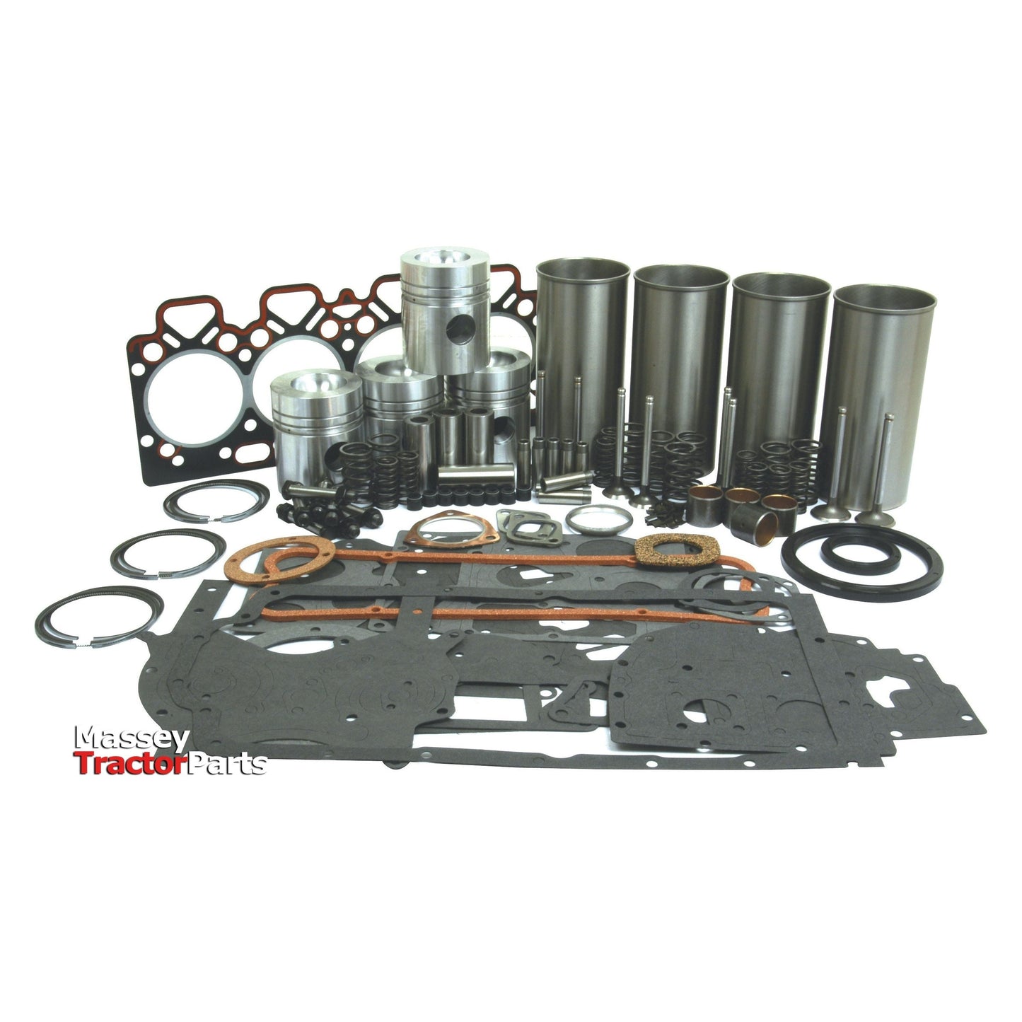 An assortment of tractor engine parts and gaskets laid out, featuring pistons, gaskets, rings, sleeves, and seals, along with the Engine Overhaul Kit with Valve Train (Finished) - S.41581 for Perkins Engine Model A4.248 from Sparex. Labeled "Massey Tractor Parts" in the bottom left corner.