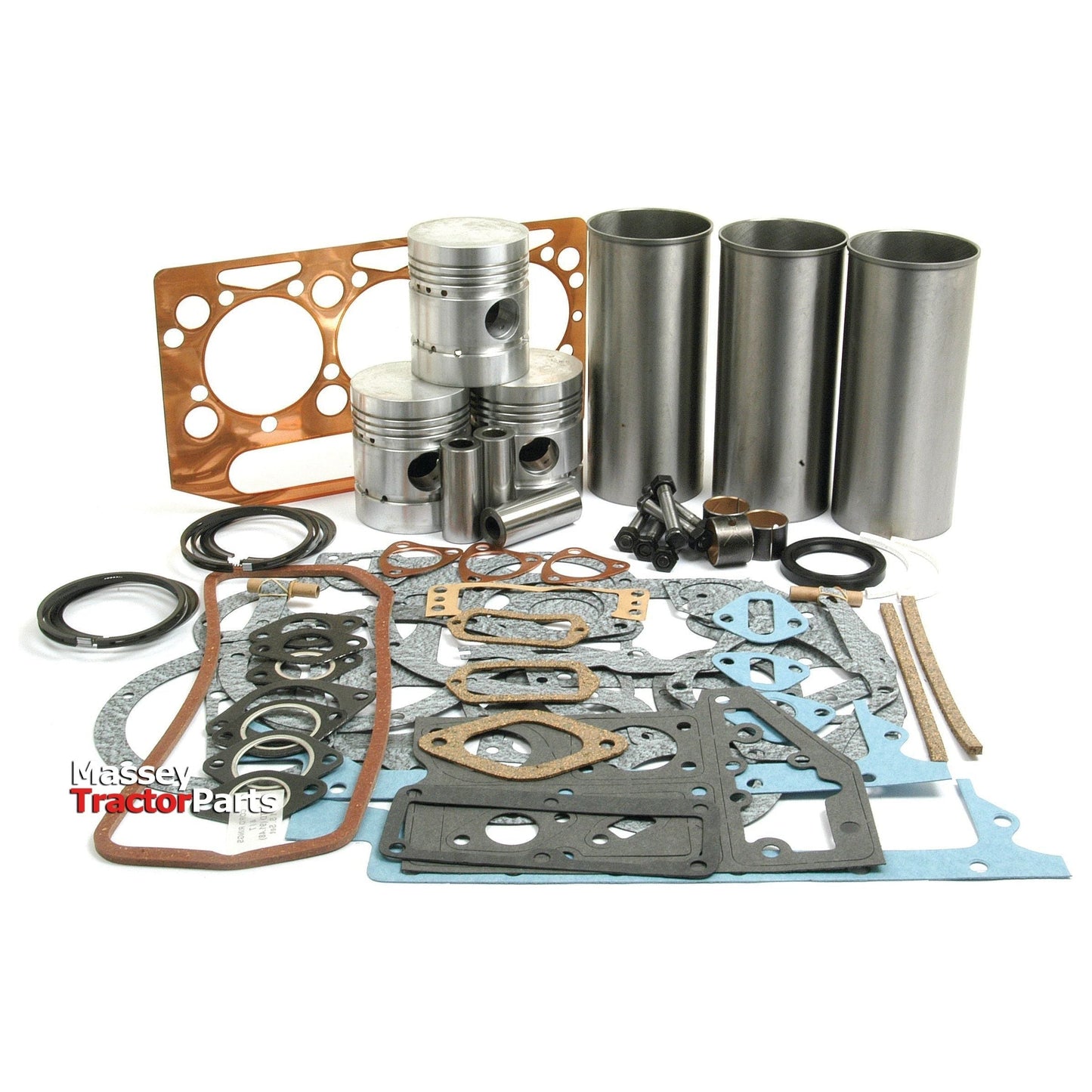 A collection of tractor engine parts from the Engine Overhaul Kit without Valve Train (Finished) - S.41883 by Sparex, featuring pistons, gaskets, seals, and sleeves for a Perkins Engine A3.152, arranged on a white background. The "Massey Tractor Parts" logo is visible in the bottom left corner.