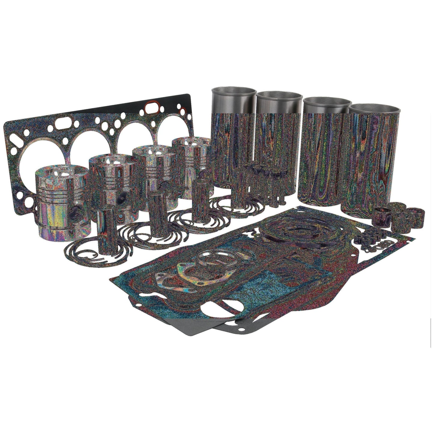 Pictured is the Sparex Engine Overhaul Kit without Valve Train (Finished) | Sparex Part No.S.41907 for Perkins Engine Model, featuring various components including pistons, piston rings, cylinder liners, gaskets, and a cylinder head gasket laid out on a flat surface.