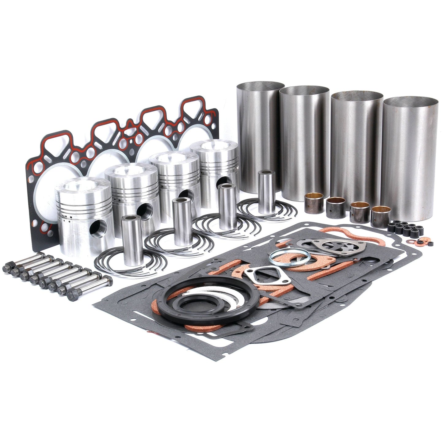 A complete set of engine parts from the Sparex Engine Overhaul Kit without Valve Train (Finished) - S.41911, including pistons, cylinders, gaskets, seals, and various metal components, arranged on a white surface.