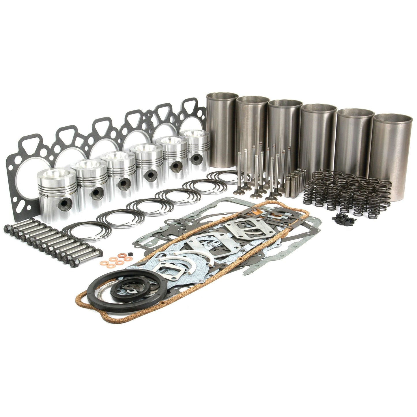 Experience a complete engine overhaul for your Perkins engine with the Sparex Engine Overhaul Kit with Valve Train (Finished) - S.42740, featuring pistons, cylinders, gaskets, seals, valve train components, and various other parts neatly arranged on a white background.