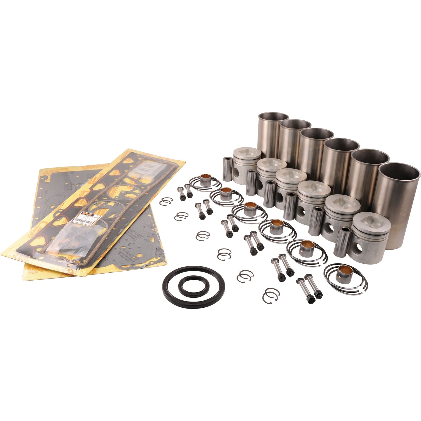 The Sparex Engine Overhaul Kit without Valve Train (Finished) - S.43355 is perfect for your Perkins Engine and includes pistons, gaskets, seals, clips, and other components arranged on a white background.