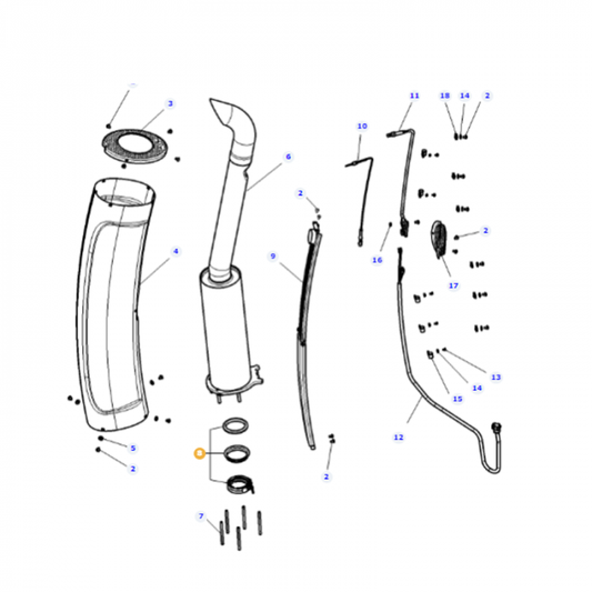 Illustration of a disassembled exhaust system for a Massey Ferguson, with individual parts labeled by number. Components include pipes, AGCO-branded clamps (such as the Massey Ferguson Exhaust Clamp - 4391625M91), gaskets, screws, and brackets.