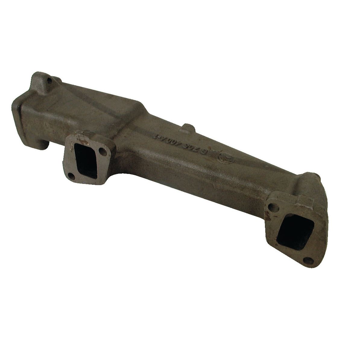 The Sparex Exhaust Manifold (4 Cyl.) | Sparex Part No. S.42545, compatible with Massey Ferguson and Landini tractors, features two rectangular openings on one end and a single rectangular opening on the other end, designed for optimal engine system performance.