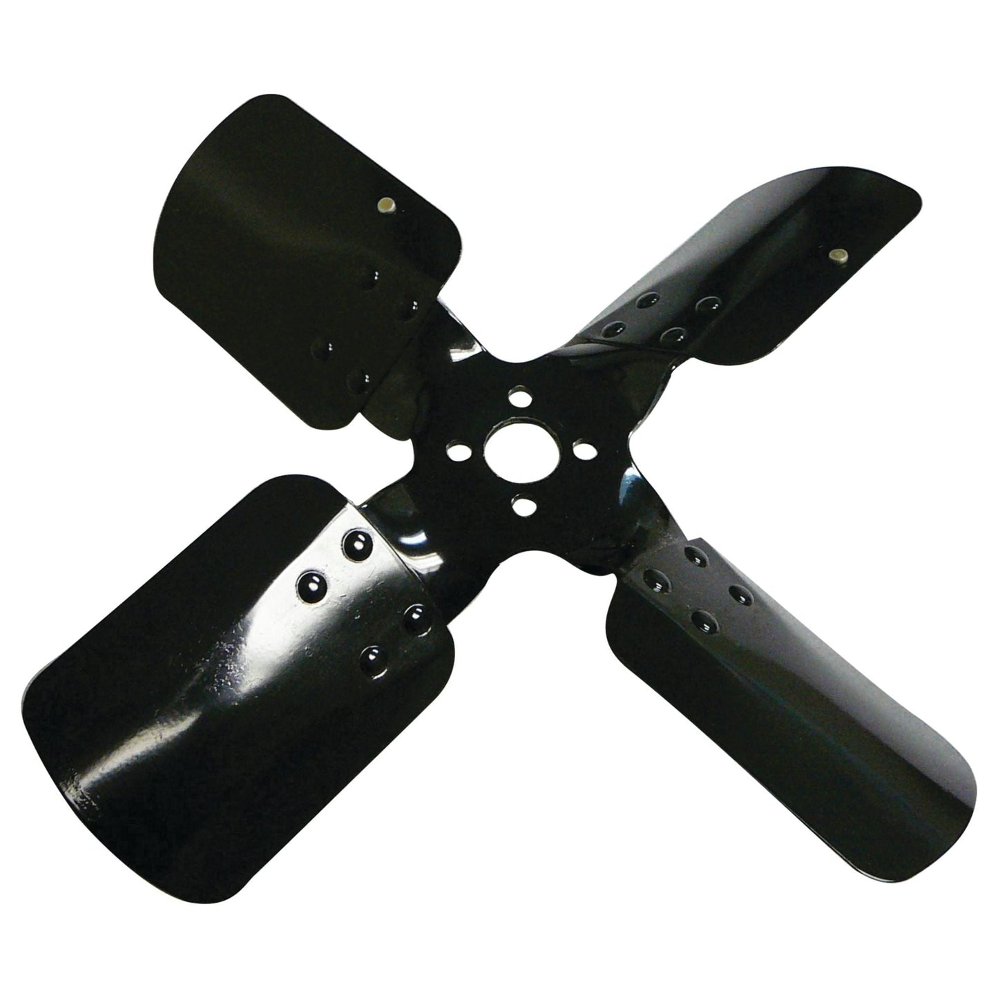 The Sparex Part No. S.61030 Fan Blade is a black, four-bladed metal fan blade featuring a central mounting hole and bolt holes, making it ideal for Massey Ferguson models.