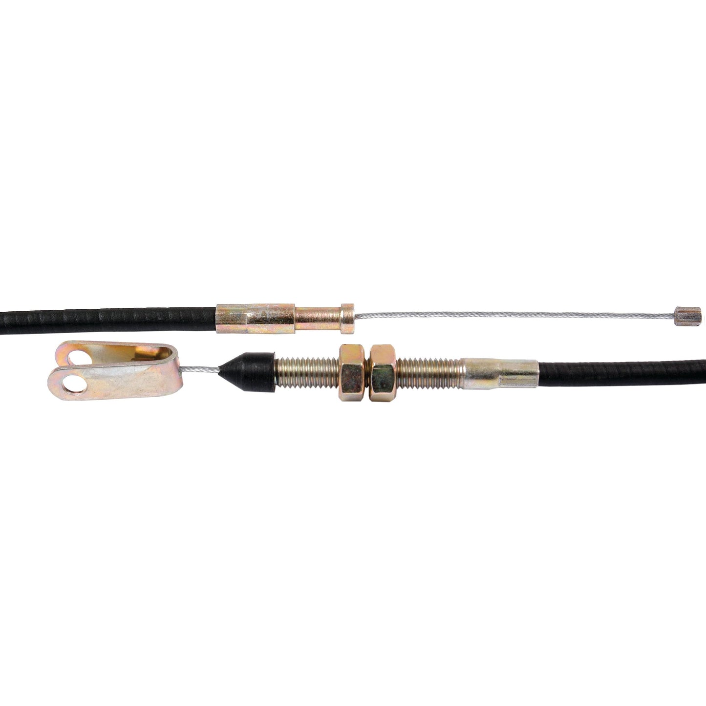 Close-up image of a Sparex Foot Throttle Cable (Part No. S.41844) for Massey Ferguson, featuring a 977mm length with a 957mm outer cable, equipped with a threaded adjustment assembly and metal fittings on both ends.