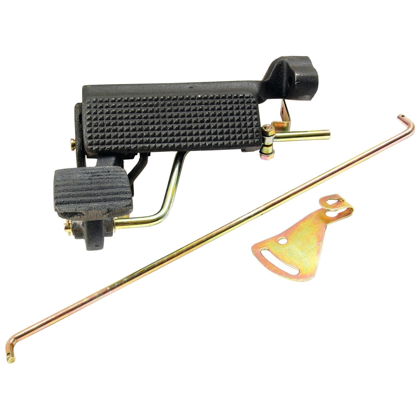 The Foot Throttle Kit (Sparex Part No. S.42691) by Sparex is a black foot pedal assembly with a textured surface, connecting rods, and a metal mounting bracket, designed for vehicle control mechanisms in Massey Ferguson tractors. This kit ensures precision and durability.