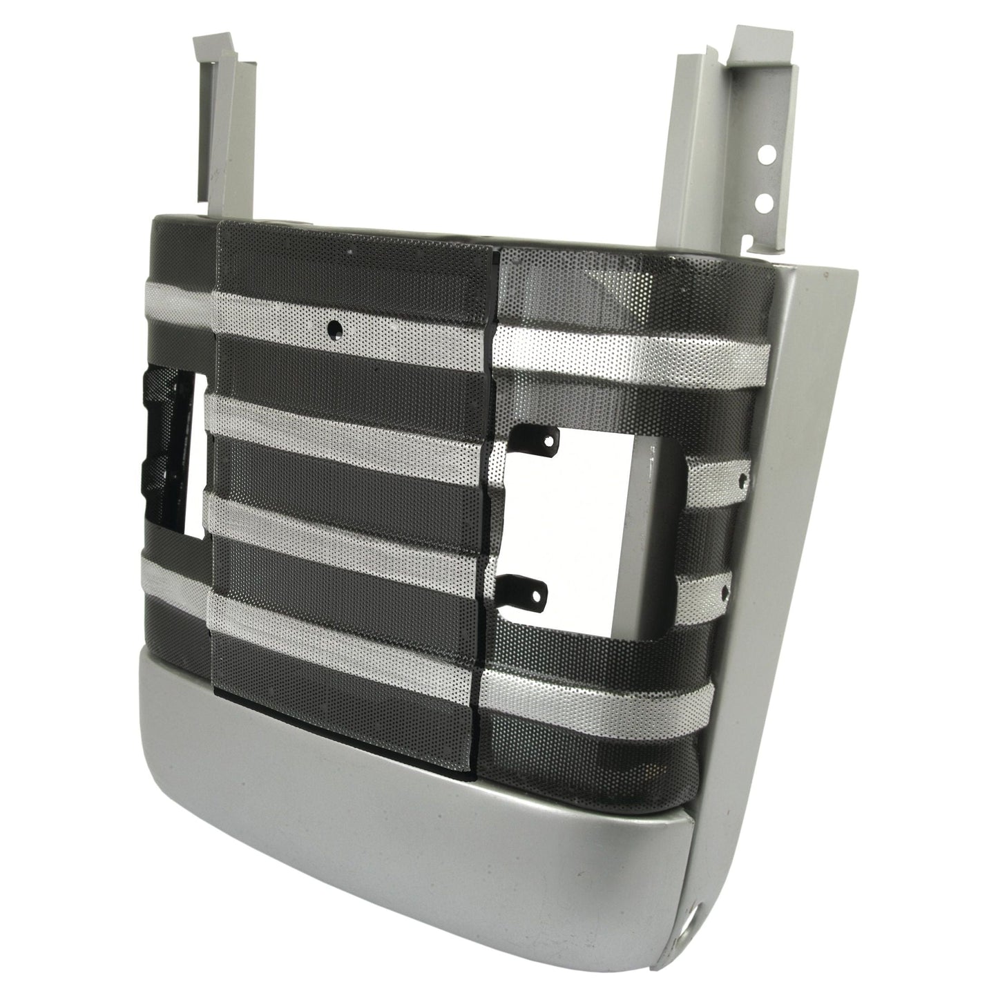 Close-up of the Front Grille Assembly, featuring cutouts and horizontal slats, composed of metal and plastic, designed for a truck or large vehicle such as the Massey Ferguson 135. This product is Sparex Part No.S.43663 by the brand Sparex.