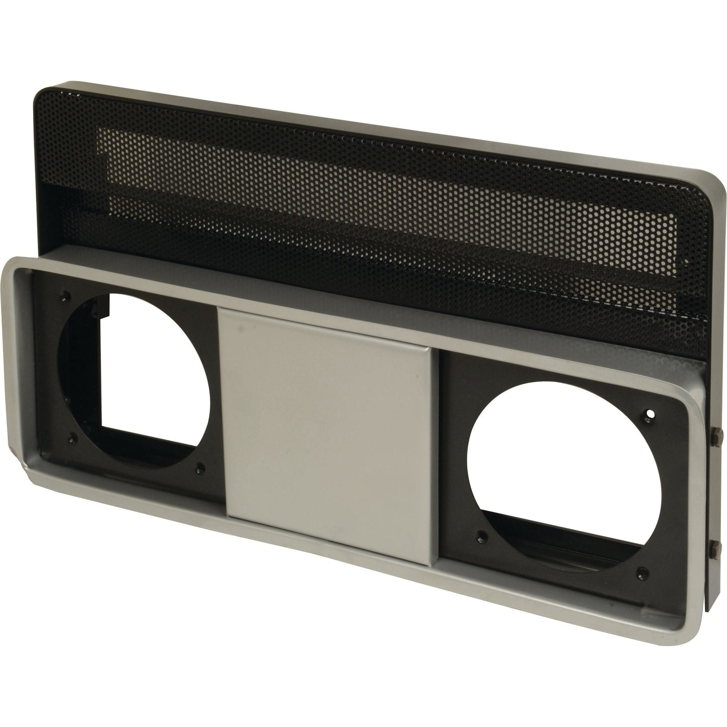 Rectangular black and metallic device with two circular cutouts and a rectangular mesh panel on top, resembling the Sparex Front Grille (Part No. S.44101).