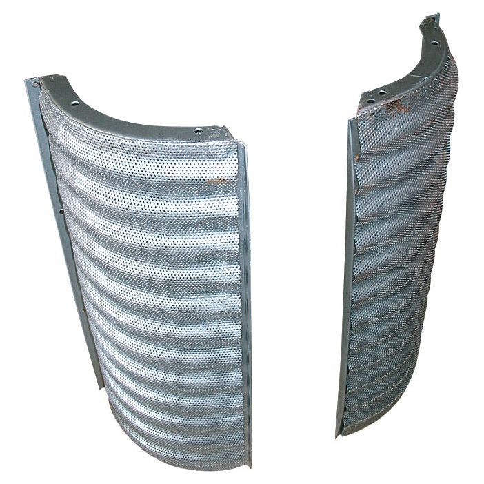 Image of two curved, perforated metal panels positioned facing each other, with bolts visible along the top edges. The Front Grille (Sparex Part No. S.67217) by Sparex is designed for durability and compatibility with Massey Ferguson and Landini tractors, making it perfect for those seeking high-quality parts.