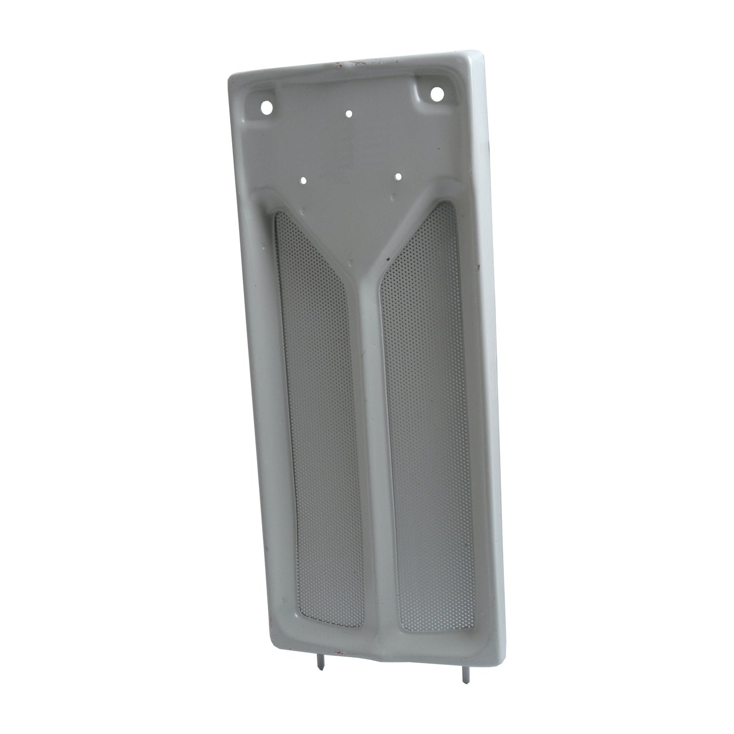 Sparex Front Panel (Part No. S.43660) features a rectangular metal air vent cover with two mesh openings, four screw holes, and a light gray finish, viewed from an angle, making it an ideal fit for Massey Ferguson tractors.