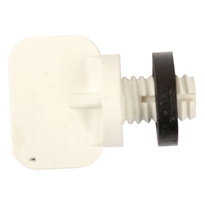 This white plastic screw features a rectangular head and comes with a black round rubber washer. It is part of the Sparex Fuel Drain Screw Kit (Sparex Part No. S.75583) and is compatible with Ford / New Holland tractors.