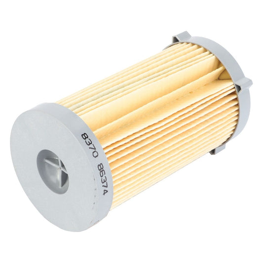 Massey Ferguson fuel element, model V837086374, by AGCO, featuring a cylindrical paper pleated filter with gray plastic caps at both ends. Suitable for various Fendt models.