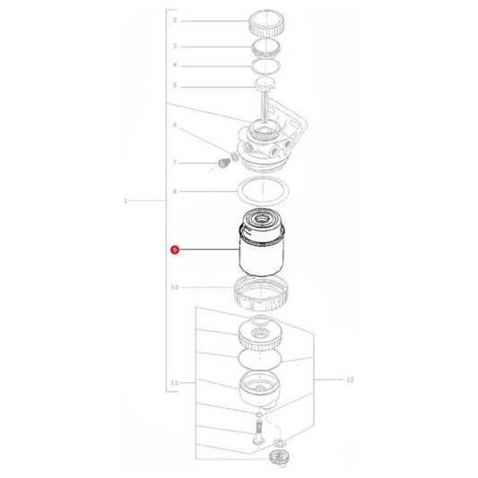 Exploded view of a mechanical component assembly for a Massey Ferguson tractor, displaying numbered parts, part labels, and connections. The diagram features part 10, identified as the AGCO brand 150 Micron Pre-Filter for the Massey Ferguson Fuel Filter - 3780299M1, highlighted in red.