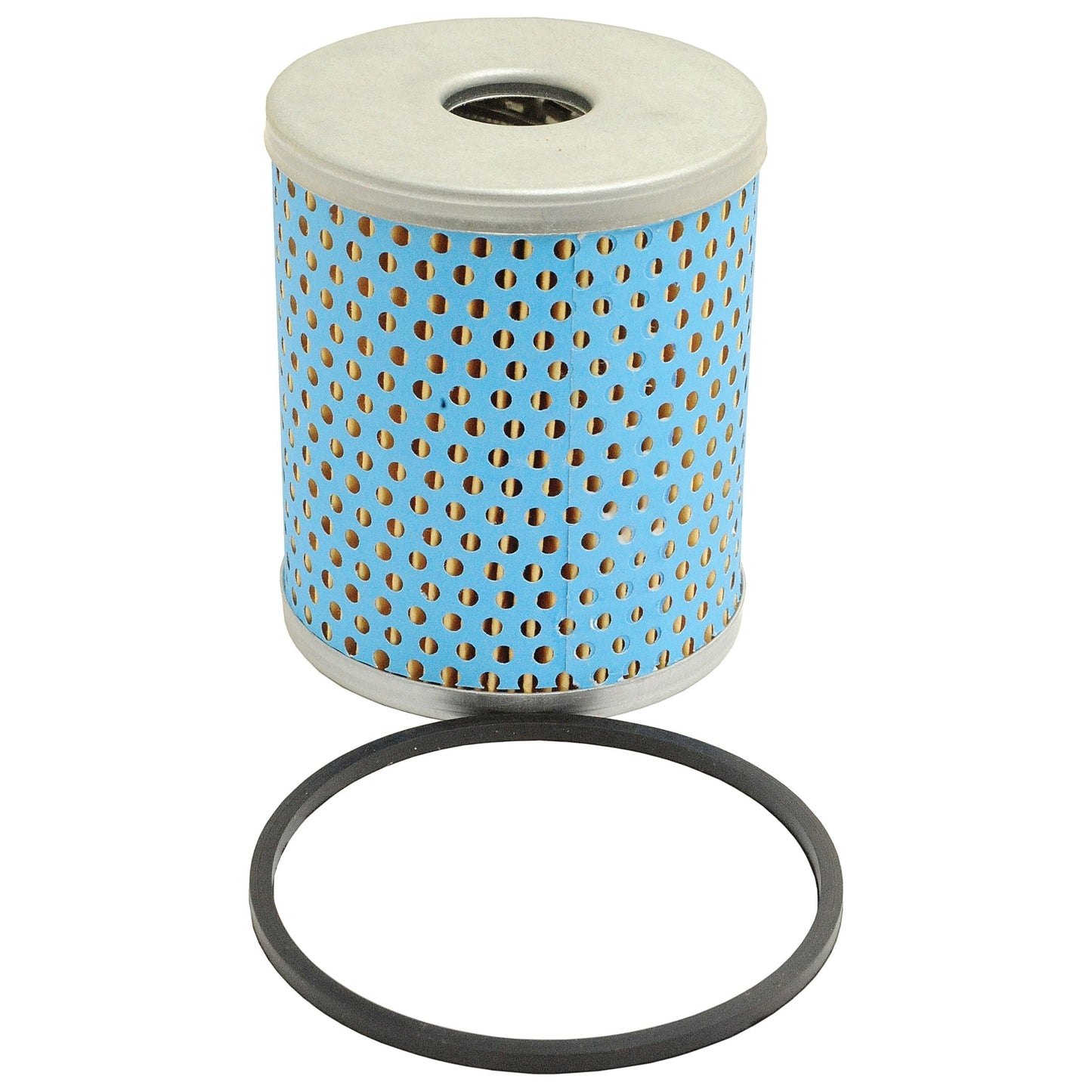 Image of the cylindrical Sparex Fuel Filter - Element (Sparex Part No. S.61430) with a perforated metal casing and an included rubber O-ring placed beside it, ideal for Ford / New Holland vehicles.