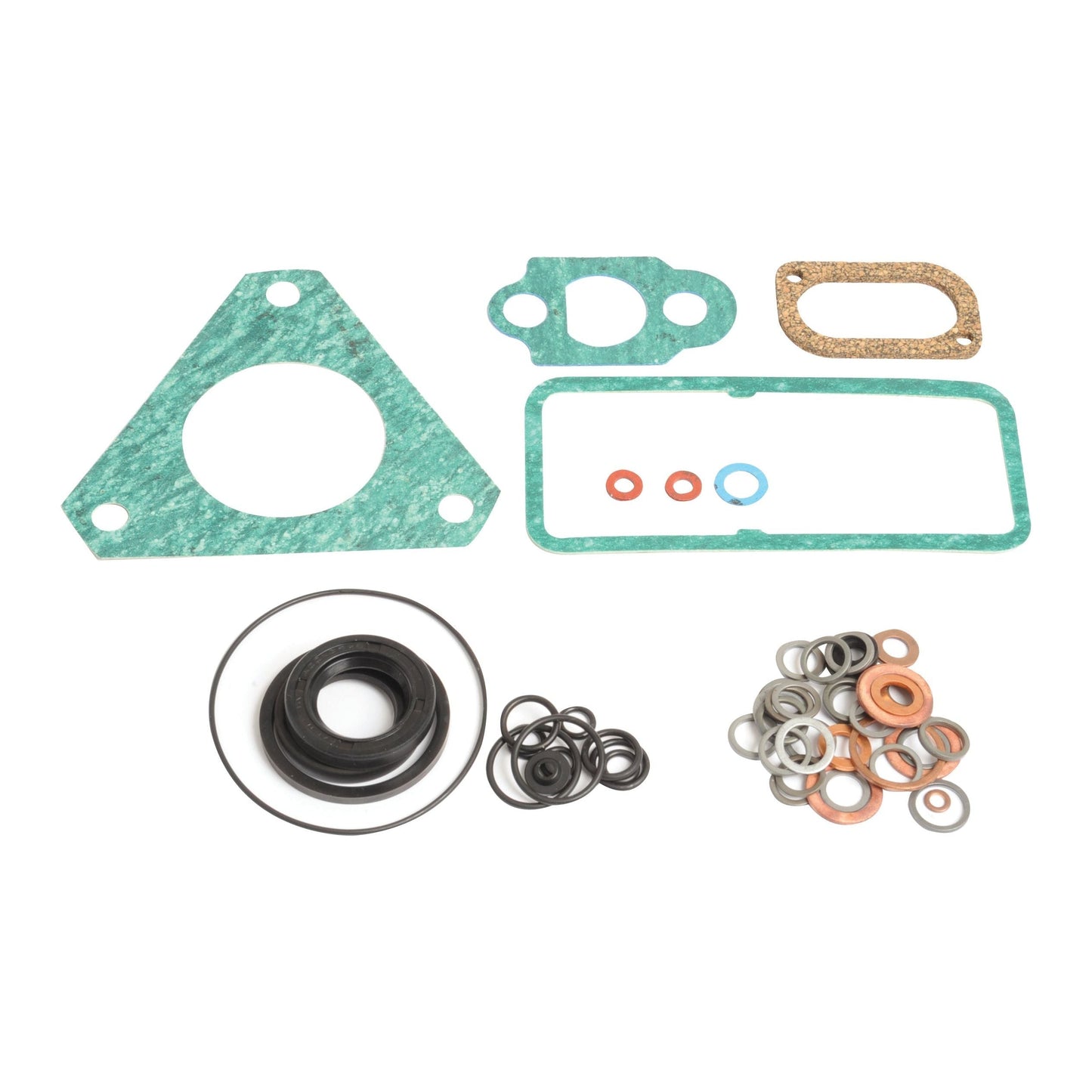 The Sparex Fuel Injection Pump Gasket (Part No. S.44021) is a comprehensive kit featuring green, orange, and brown gaskets in different shapes and sizes. The set also includes small metal washers, a rubber seal, and components that are compatible with Engine Model Case IH from the reputable brand Sparex.