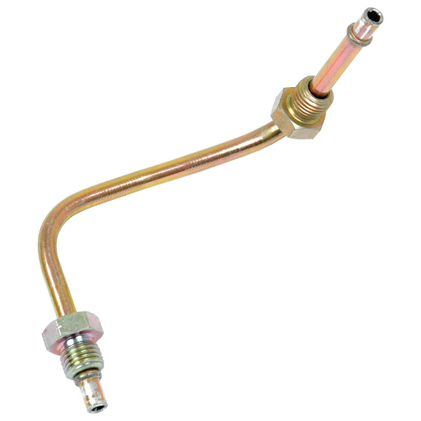 A metallic, curved automotive fuel line with threaded connectors on both ends, compatible with Massey Ferguson tractors and available as the Sparex Part No. S.41515 Fuel Pipe from Sparex.