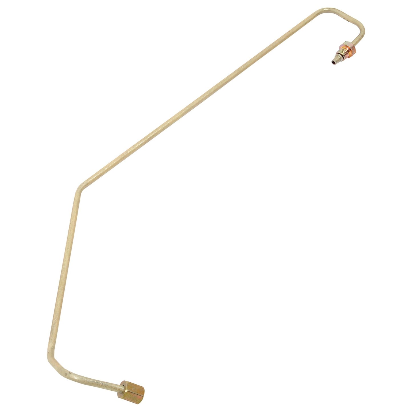 A metal fuel injection line tube with a bent shape and threaded fittings on both ends, compatible with Landini and Massey Ferguson models, available as Fuel Pipe Sparex Part No. S.43890 by Sparex.