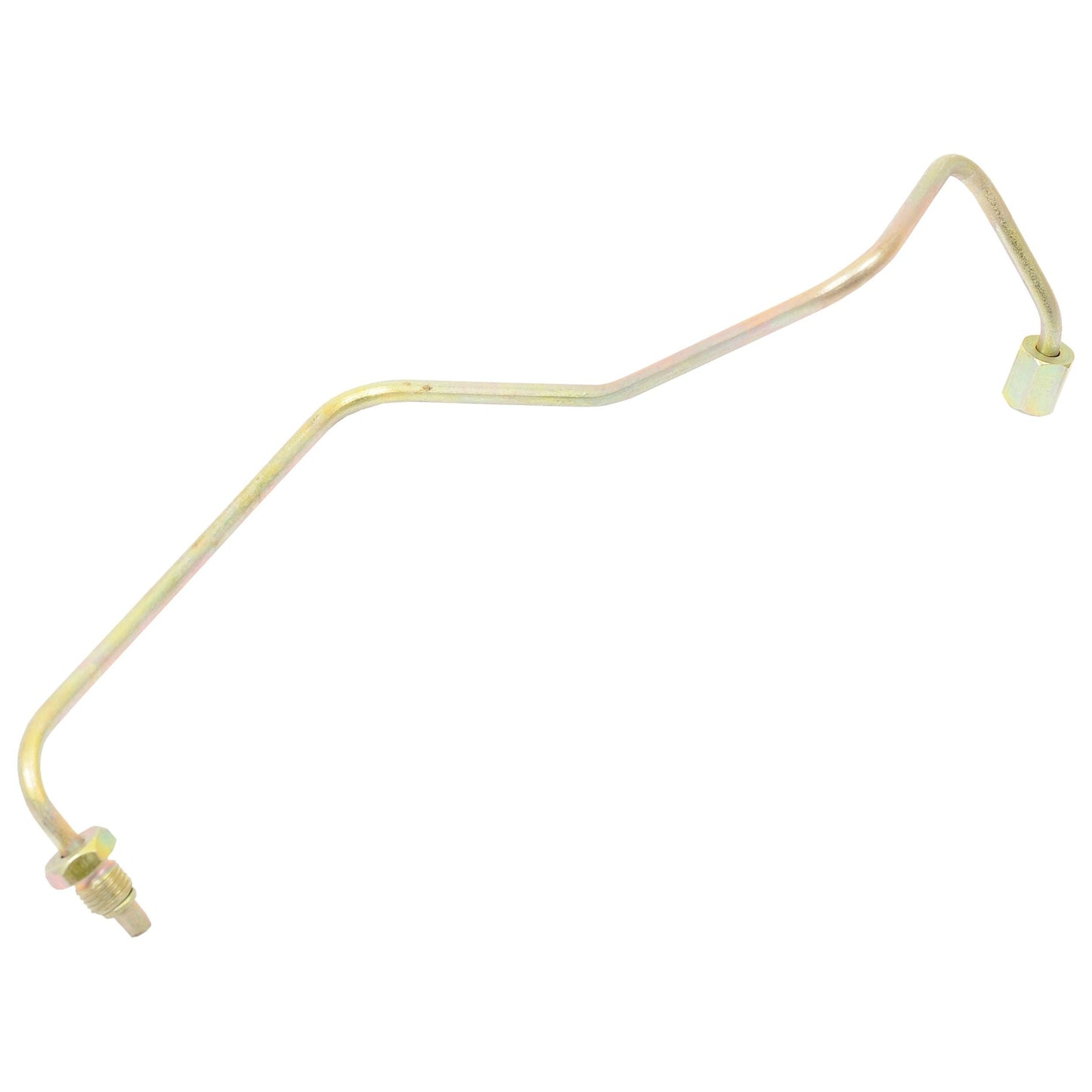 Curved metal pipe with threaded ends, used for connecting parts in mechanical systems, perfect for compatibility with Massey Ferguson tractors. Available as the Fuel Pipe | Sparex Part No.S.43892 from Sparex.