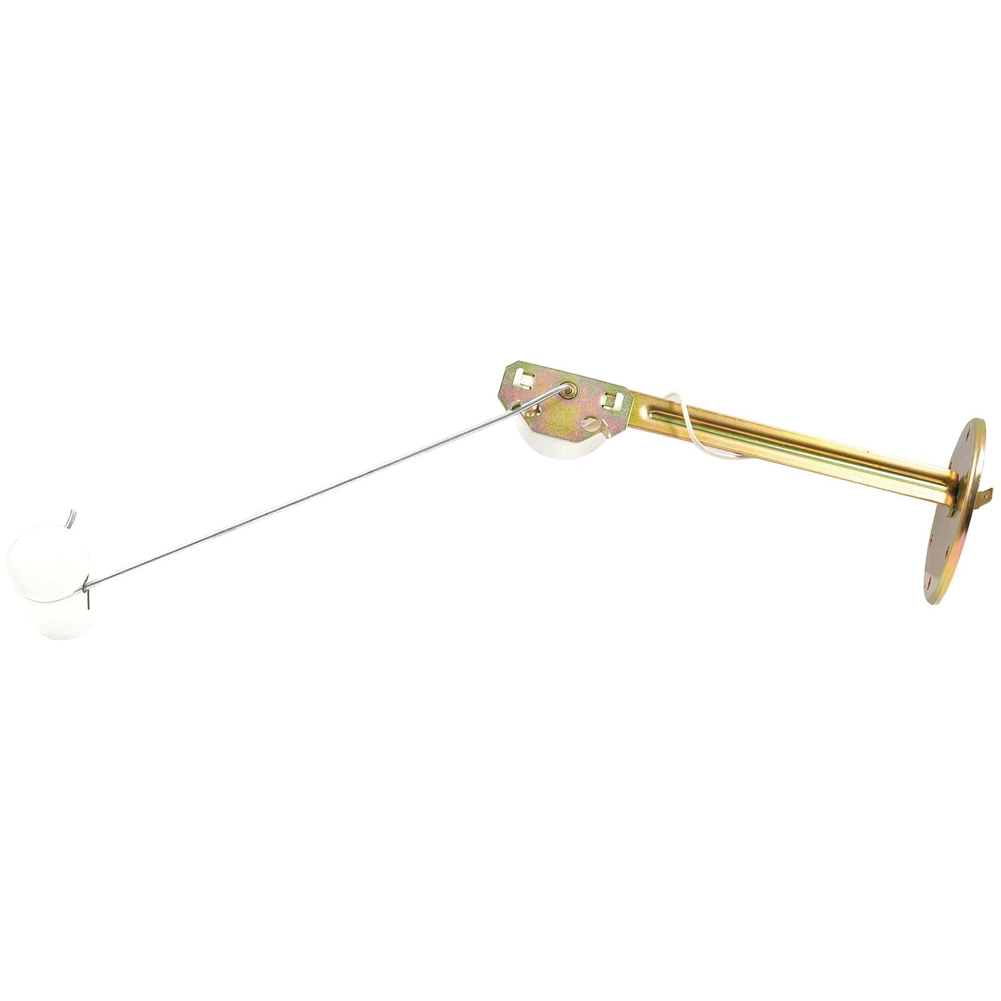 A fuel sender unit with a brass-colored float switch, featuring a long wire arm and a white float at the end, from Sparex (Part No. S.43540), designed for water level detection and commonly found on Landini or Massey Ferguson equipment.